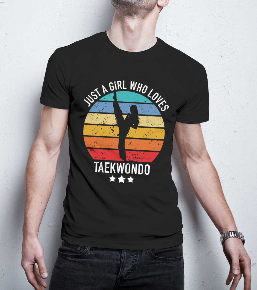 Just A Girl Who Loves Taekwondo Vintage Silhouette Rainbow Stripes T-Shirt