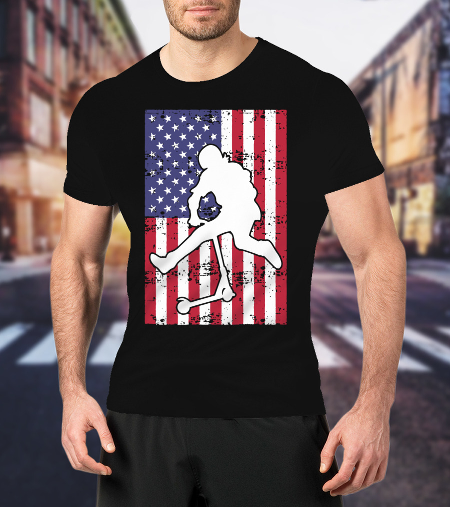 Stunt Scooter Trick With American Flag Background Competition T-Shirt