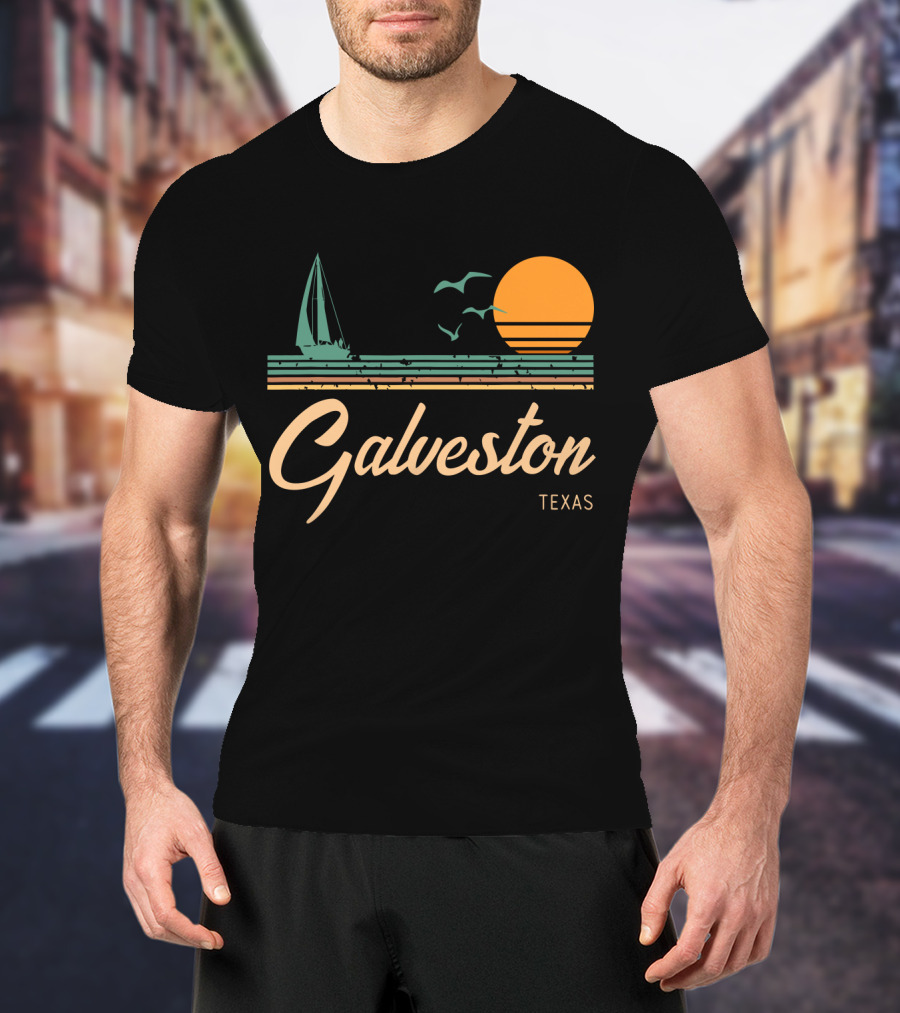 Vintage Galveston Texas Sailboat And Sunset Scene T-Shirt