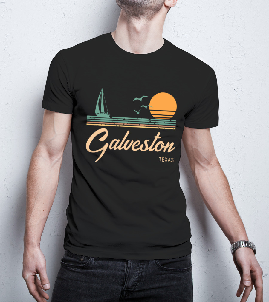 Vintage Galveston Texas Sailboat And Sunset Scene T-Shirt