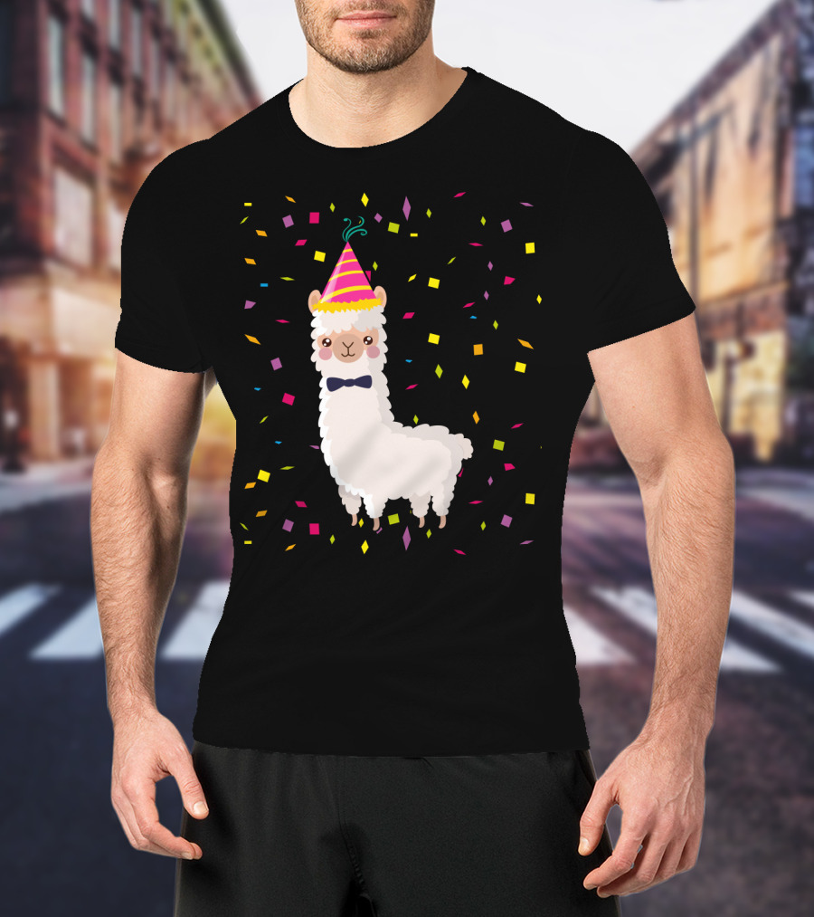 Funny Alpaca Birthday Party Celebration With Confetti T-Shirt