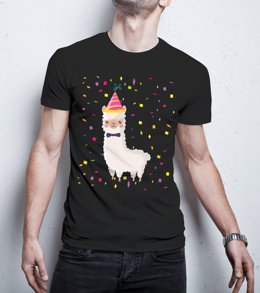Funny Alpaca Birthday Party Celebration With Confetti T-Shirt