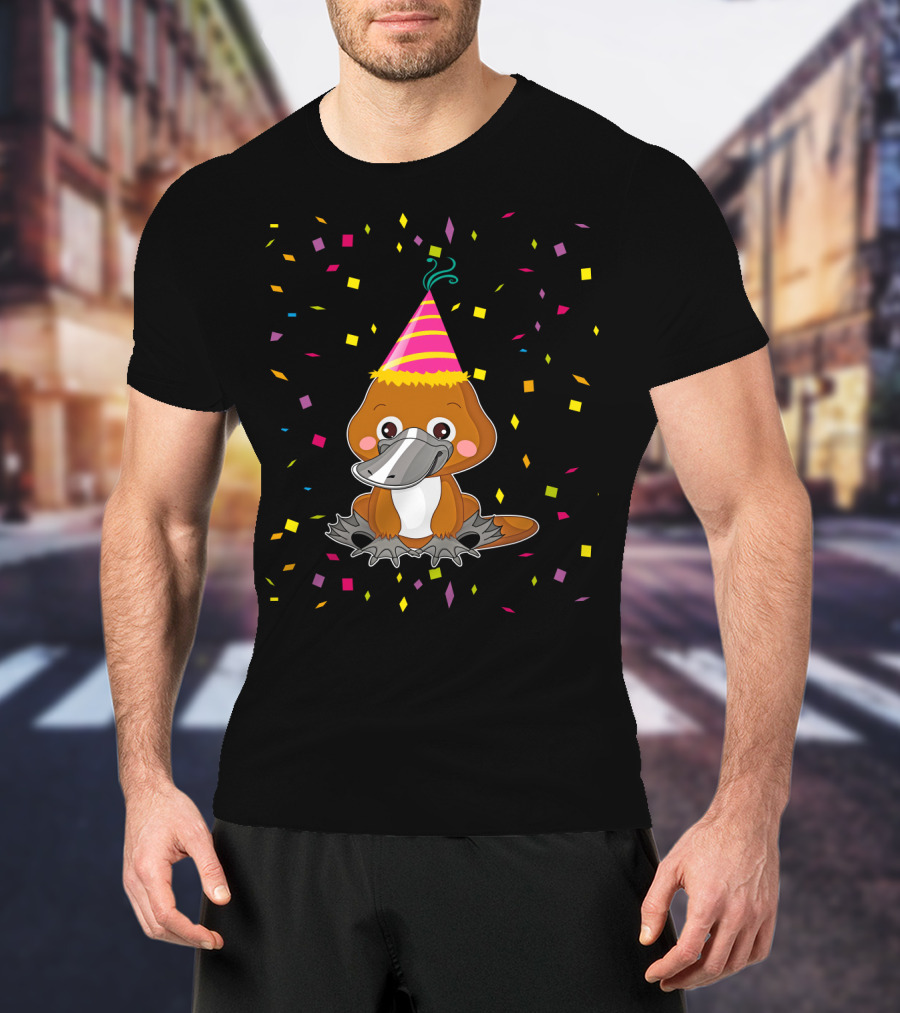 Funny Platypus With Party Hat And Confetti Celebration Birthday T-Shirt