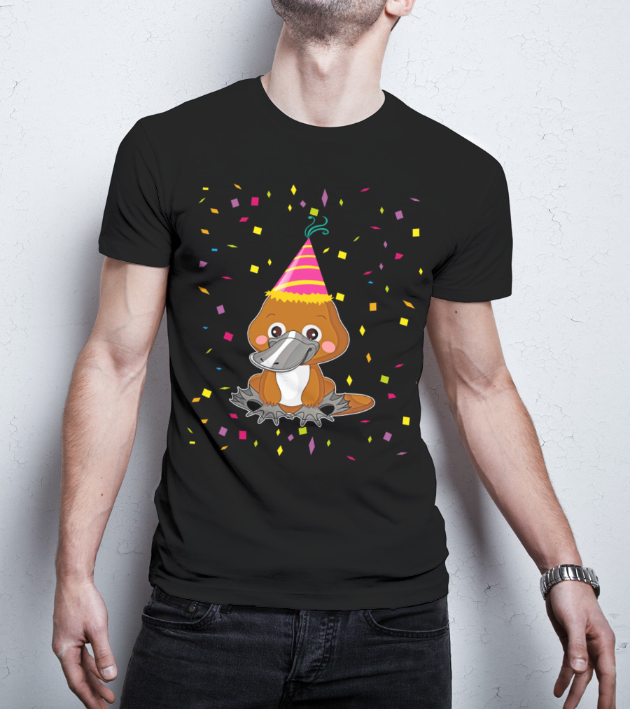 Funny Platypus With Party Hat And Confetti Celebration Birthday T-Shirt