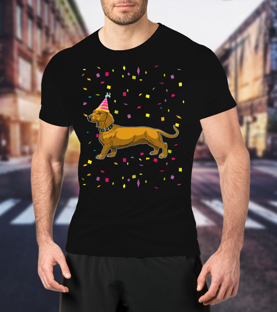 Funny Dachshund Birthday Party With Confetti And Party Hat T-Shirt