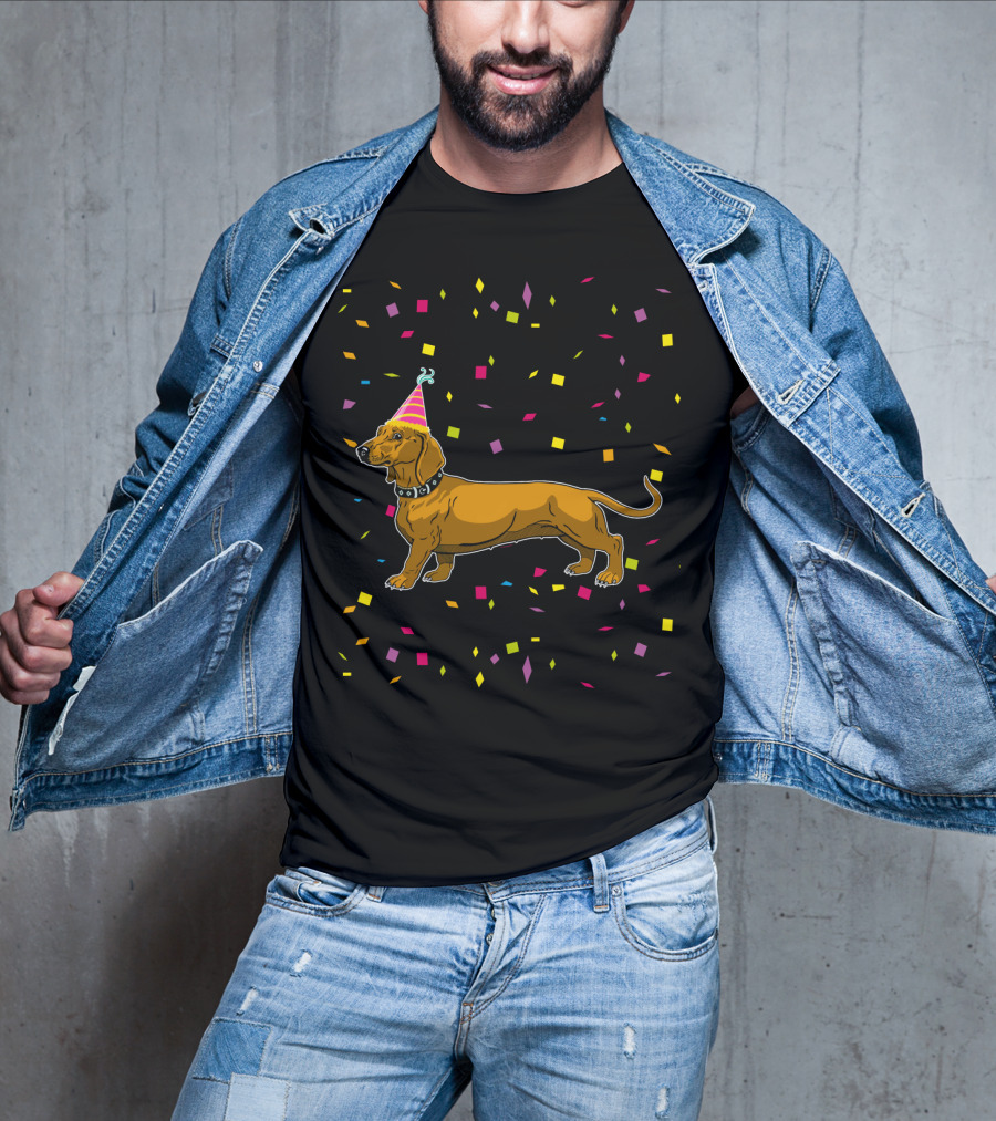 Funny Dachshund Birthday Party With Confetti And Party Hat T-Shirt