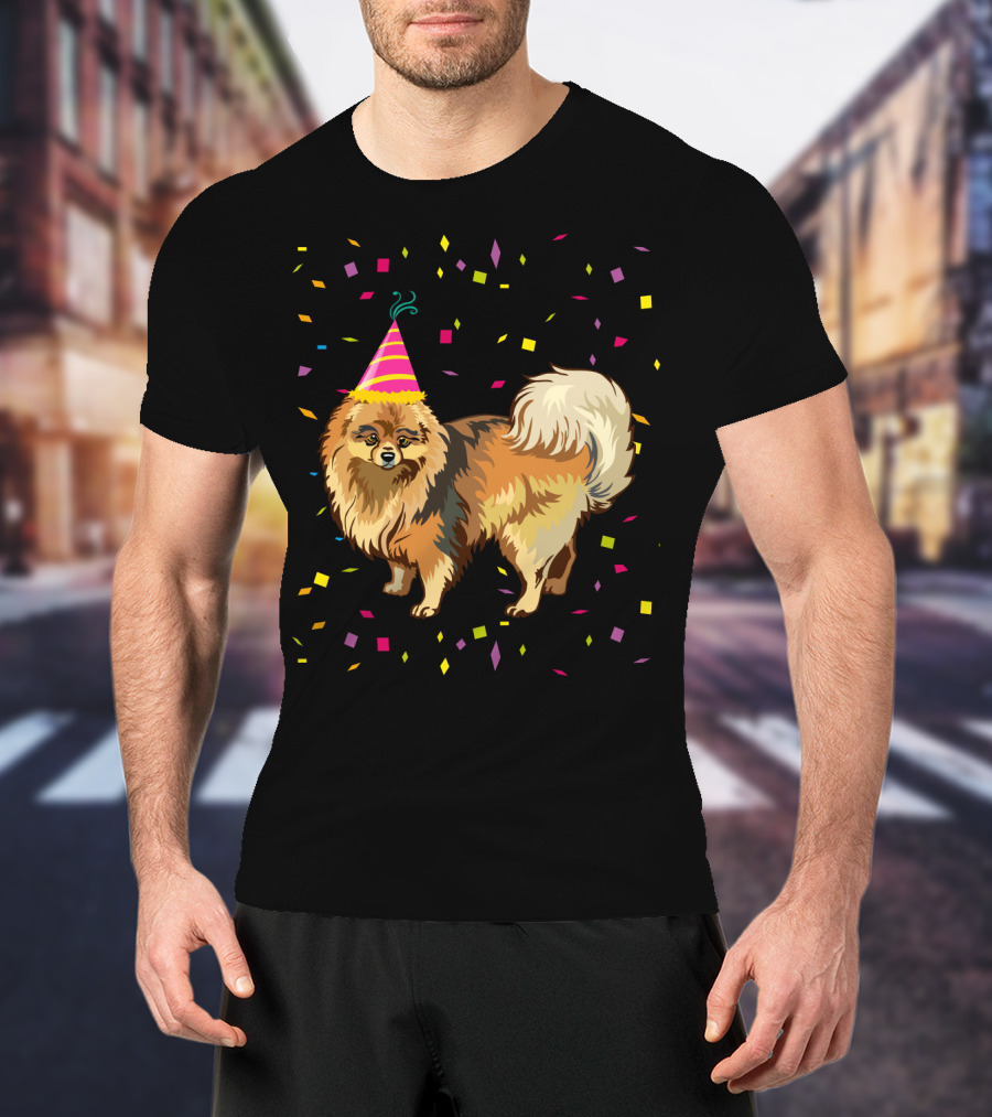 Pomeranian Birthday Party Funny Dog With Confetti And Party Hat T-Shirt