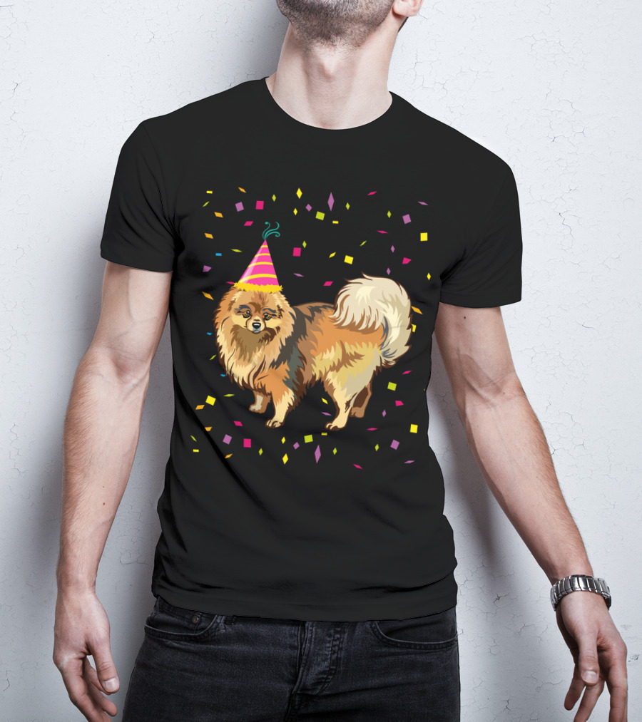 Pomeranian Birthday Party Funny Dog With Confetti And Party Hat T-Shirt