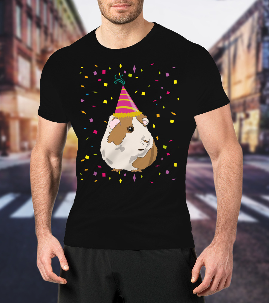 Funny Guinea Pig Birthday Celebration With Party Hat And Confetti T-Shirt
