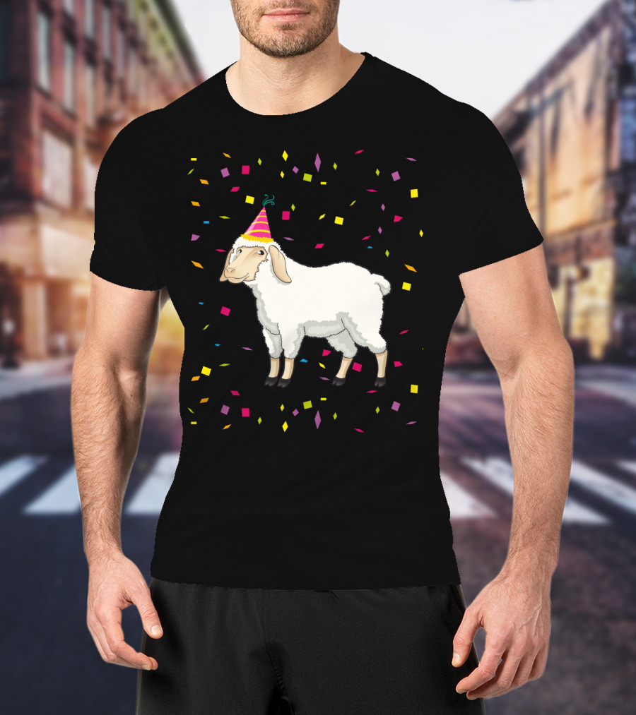 Funny Birthday Sheep With Party Hat And Confetti T-Shirt