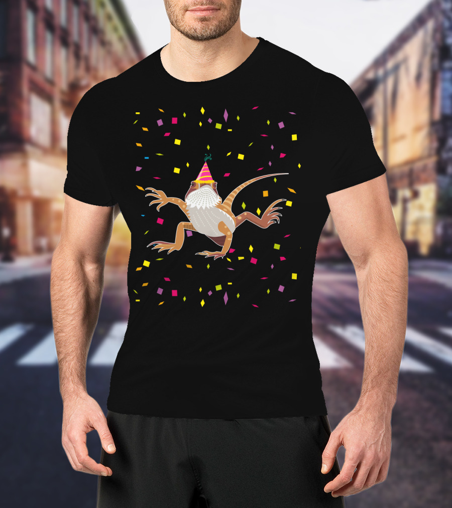 Colorful Confetti Party Hat Bearded Dragon Birthday T-Shirt