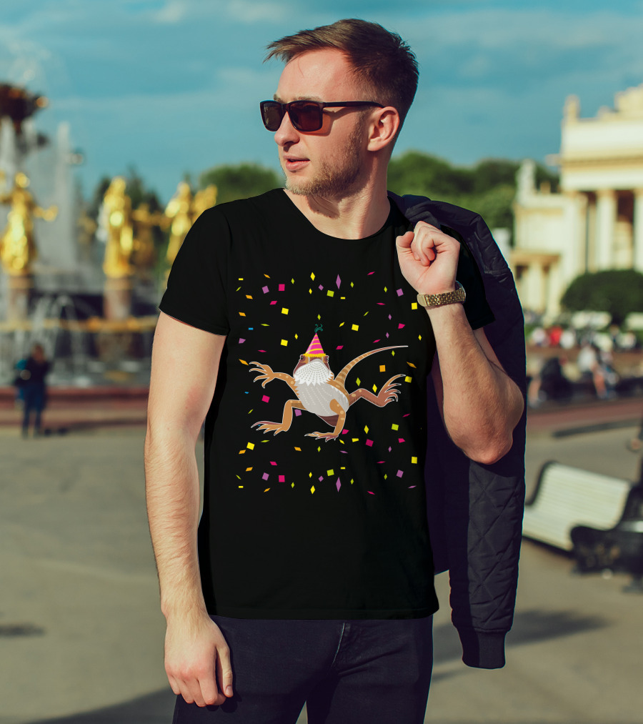 Colorful Confetti Party Hat Bearded Dragon Birthday T-Shirt