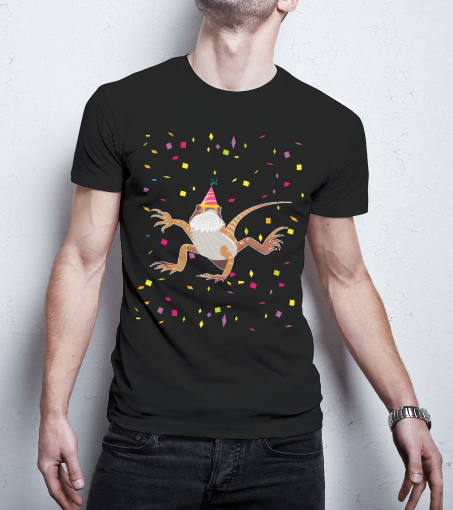 Colorful Confetti Party Hat Bearded Dragon Birthday T-Shirt