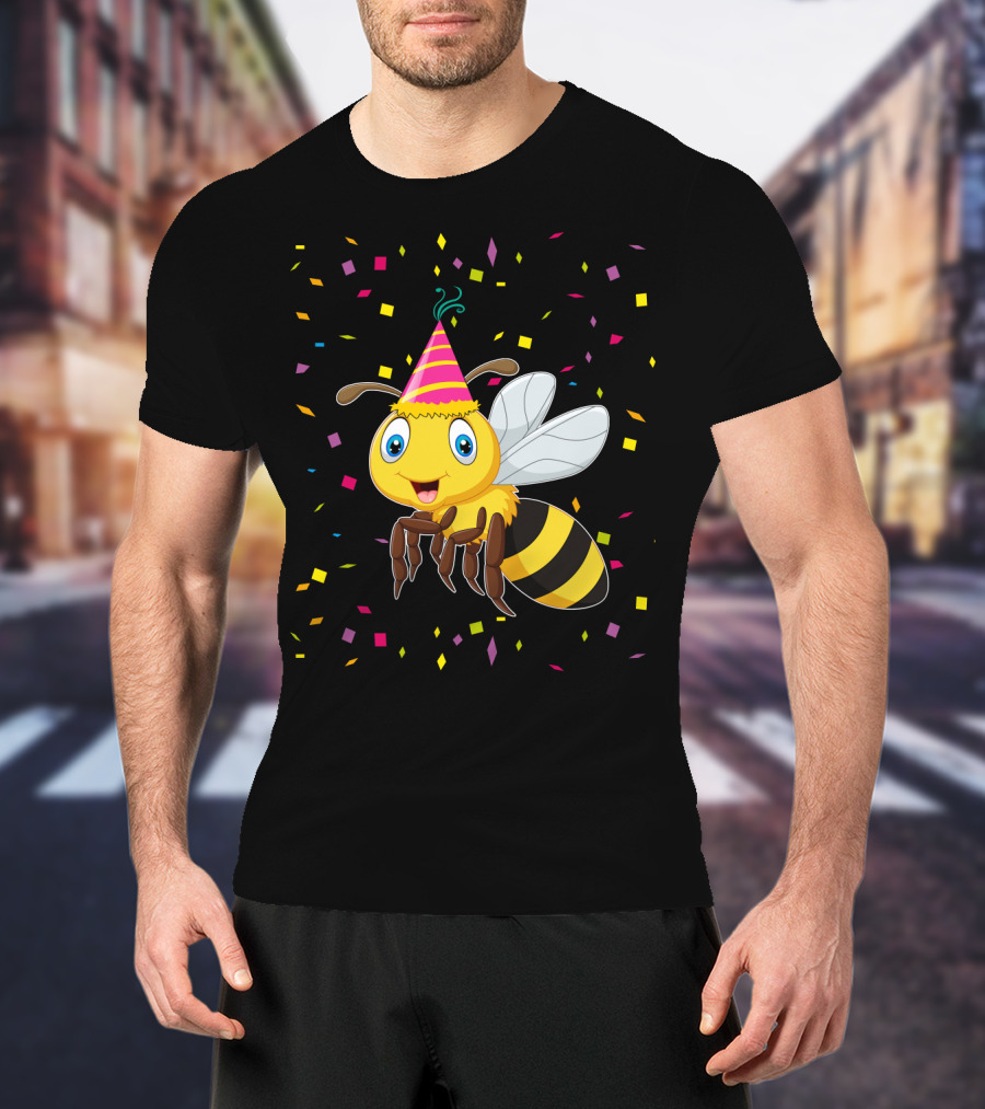Funny Bee Birthday With Confetti And Party Hat T-Shirt