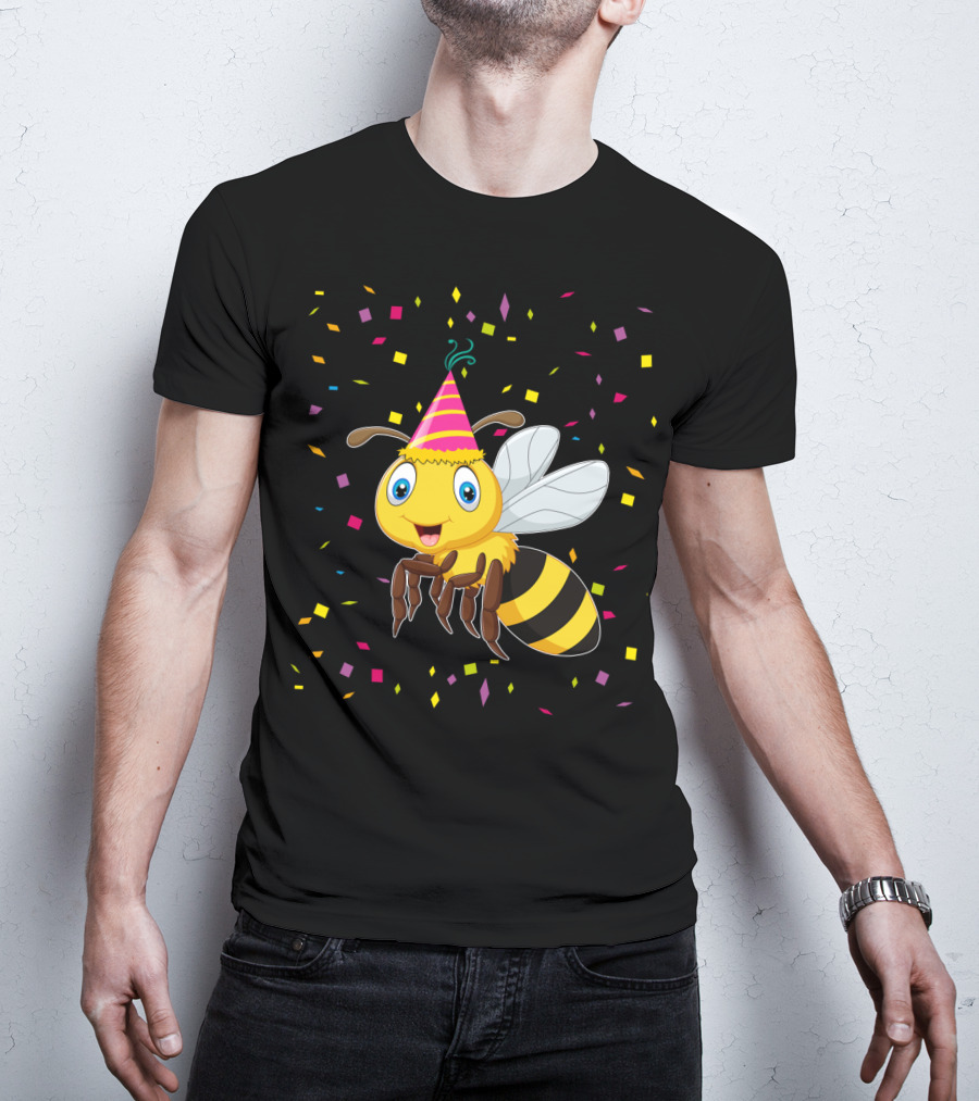 Funny Bee Birthday With Confetti And Party Hat T-Shirt