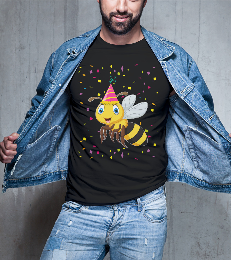 Funny Bee Birthday With Confetti And Party Hat T-Shirt