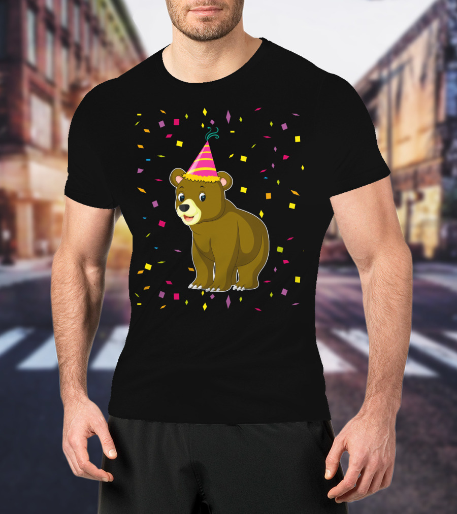 Funny Bear Birthday Party Hat Festive Confetti T-Shirt