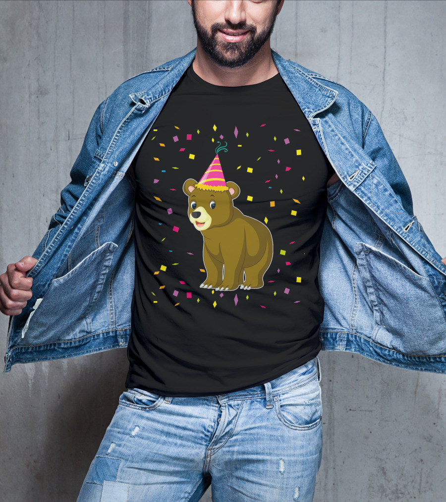 Funny Bear Birthday Party Hat Festive Confetti T-Shirt