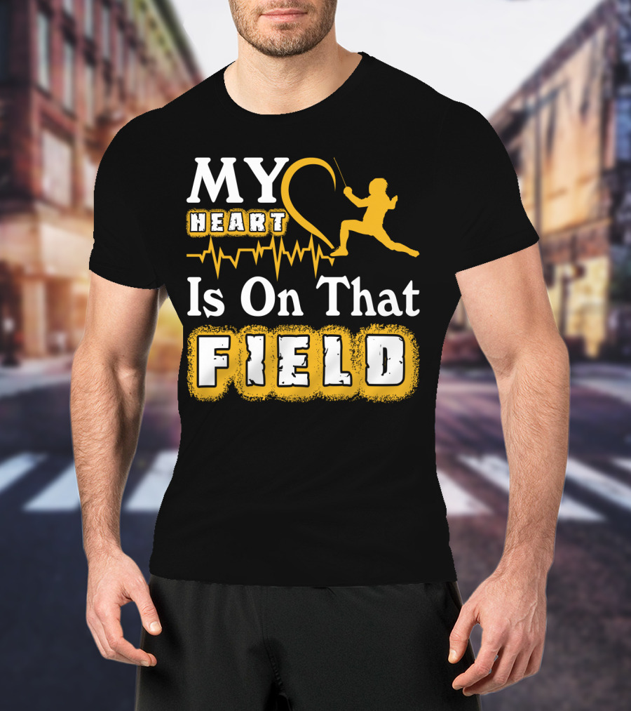 My Heart Is On That Field Fencing Silhouette With Heartbeat Line T-Shirt