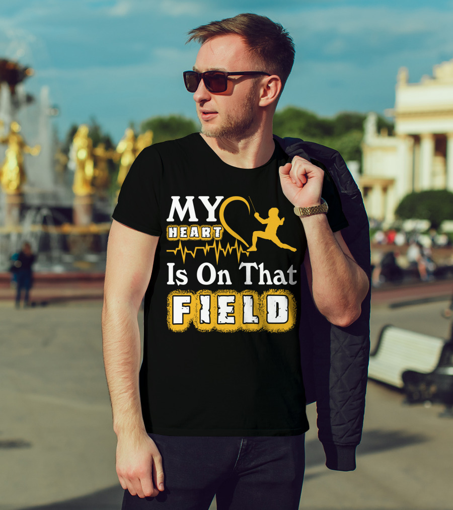 My Heart Is On That Field Fencing Silhouette With Heartbeat Line T-Shirt