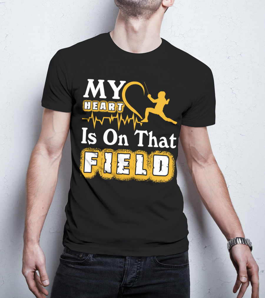 My Heart Is On That Field Fencing Silhouette With Heartbeat Line T-Shirt