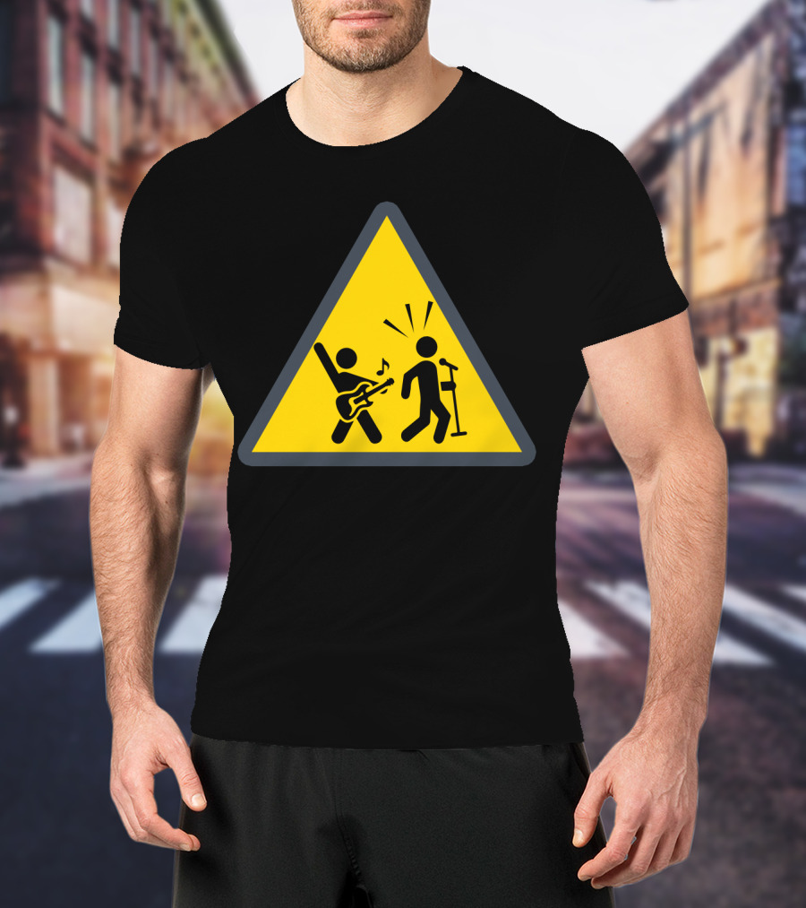 Rock Music Warning Sign Stick Figures Guitar And Microphone T-Shirt