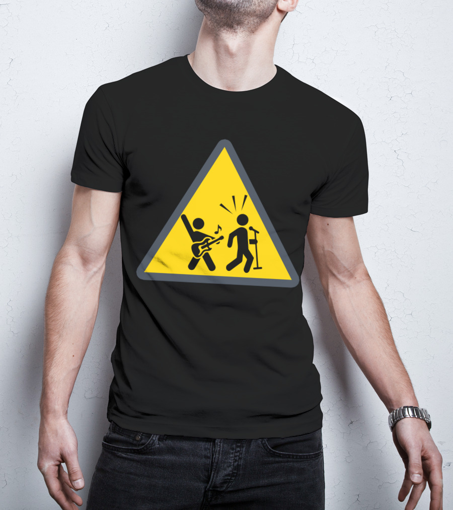 Rock Music Warning Sign Stick Figures Guitar And Microphone T-Shirt