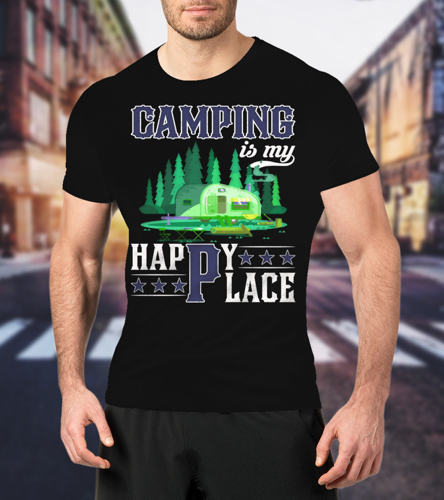 Camping Is My Happy Place Camper Forest Scene With Stars T-Shirt