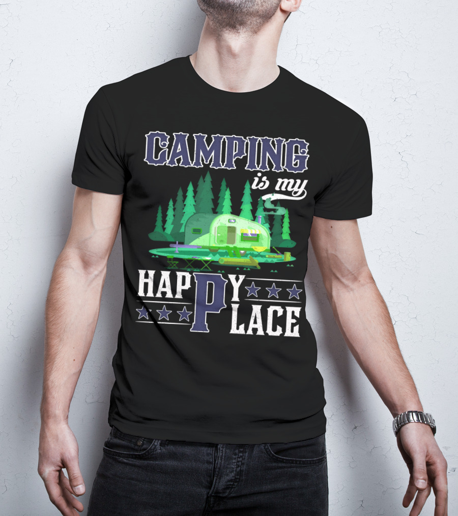 Camping Is My Happy Place Camper Forest Scene With Stars T-Shirt