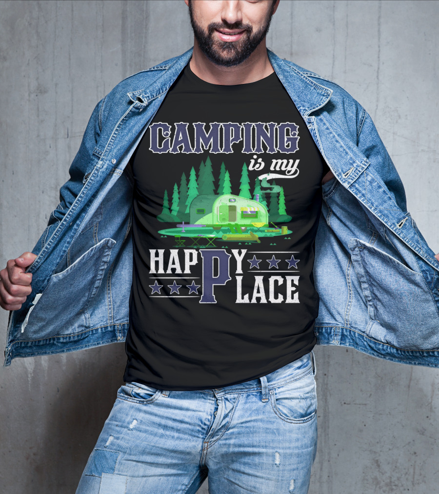 Camping Is My Happy Place Camper Forest Scene With Stars T-Shirt
