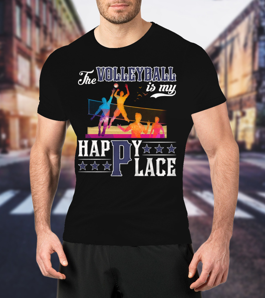 The Volleyball Is My Happy Place Colorful Players Action Scene T-Shirt