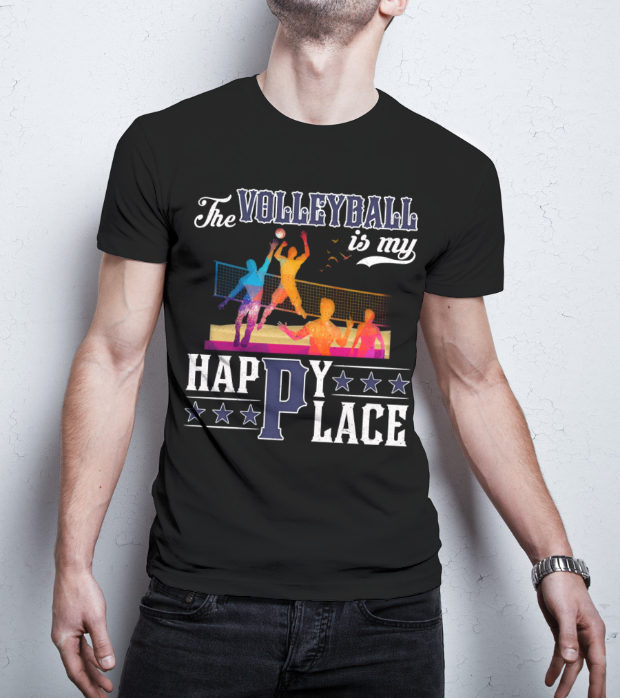 The Volleyball Is My Happy Place Colorful Players Action Scene T-Shirt