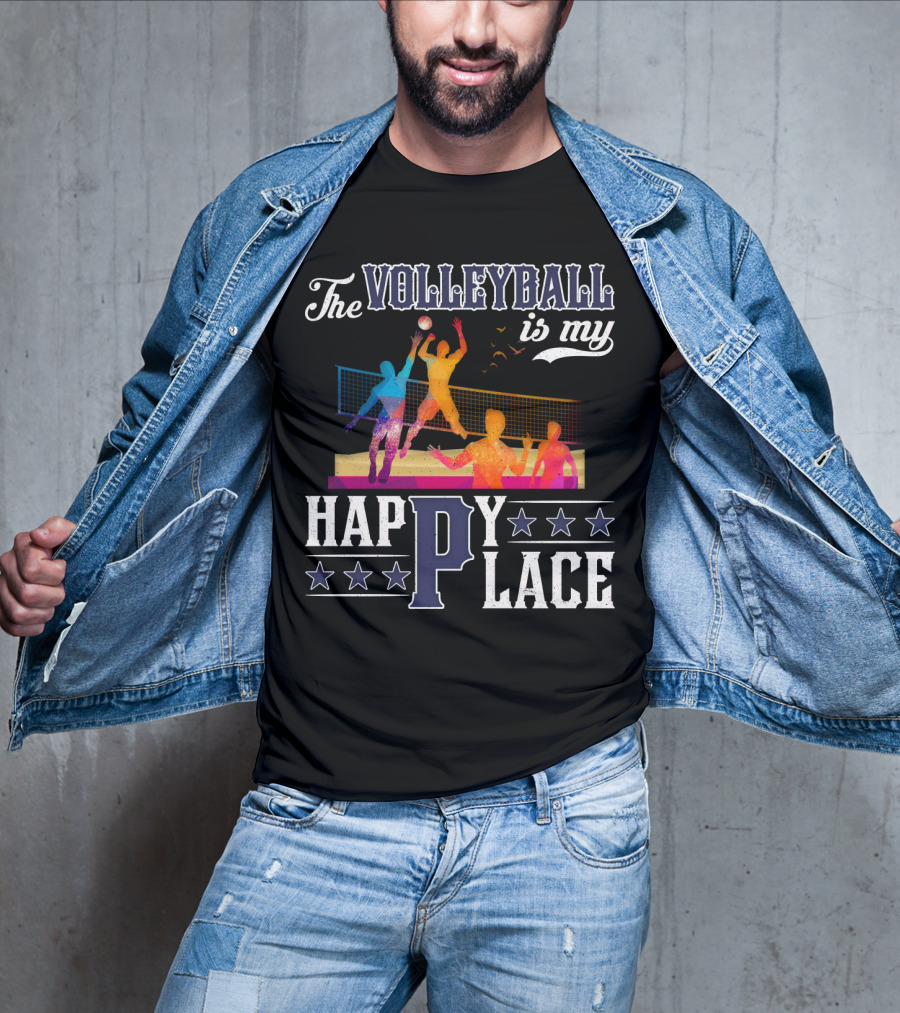 The Volleyball Is My Happy Place Colorful Players Action Scene T-Shirt