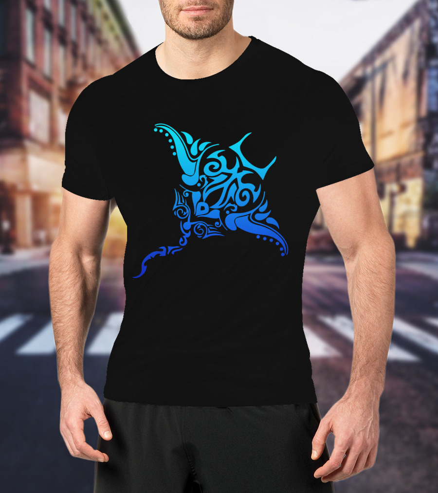 Hawaiian Tribal Stingray Polynesian Tattoo Style Blue T-Shirt