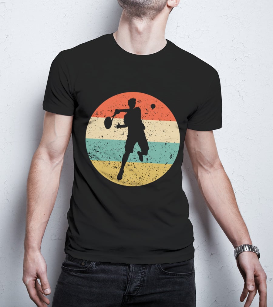 Vintage Retro Tennis Player Silhouette In Distressed Circle T-Shirt