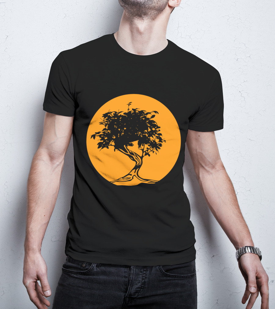 Bonsai Japan Yin Yang Monk Tree Silhouette Circle T-Shirt