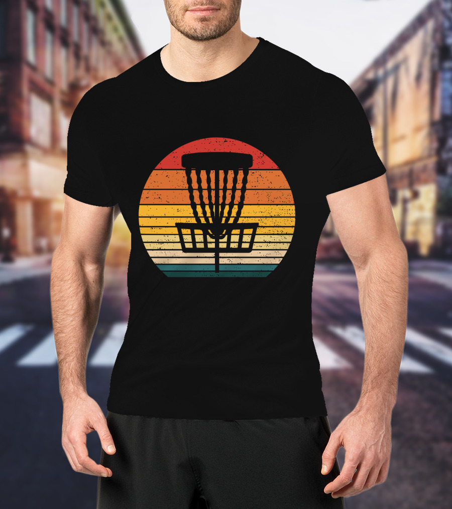 Retro Disc Golf Basket Sunset Stripes T-Shirt