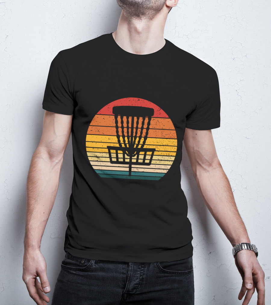 Retro Disc Golf Basket Sunset Stripes T-Shirt