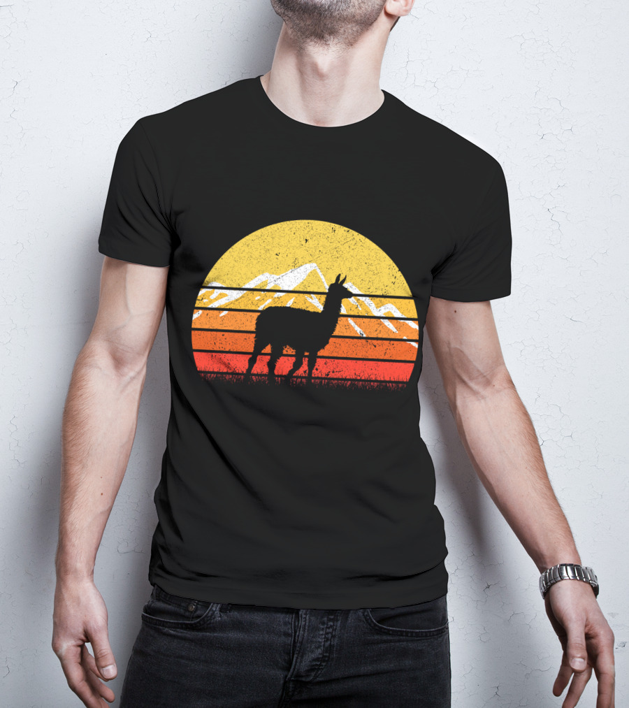 Retro Vintage Alpaca Silhouette Sunset Mountain Scene T-Shirt