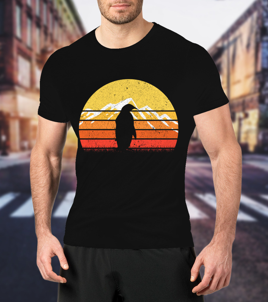 Retro Vintage Penguin Sunset Mountain T-Shirt
