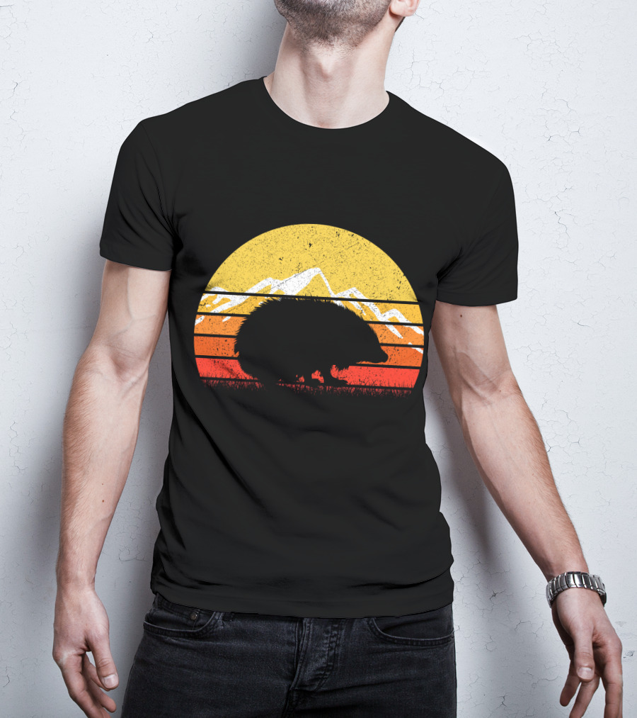 Retro Vintage Hedgehog Silhouette Against Sunset Mountain Stripe Circle T-Shirt