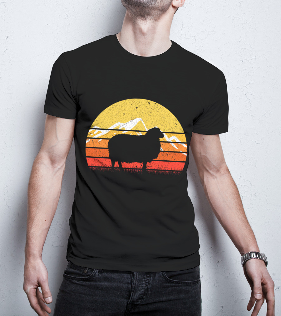Retro Vintage Sheep Sunset With Mountains T-Shirt