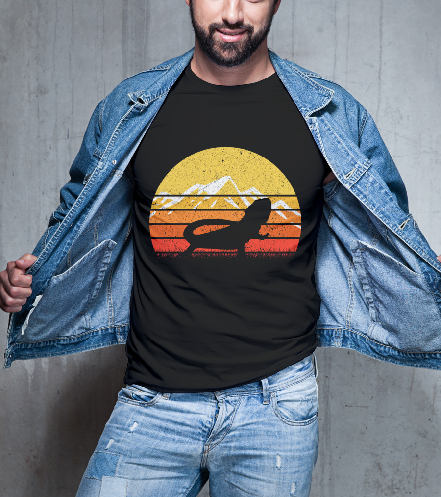 Retro Vintage Bearded Dragon Sunset Silhouette Mountain Stripe T-Shirt