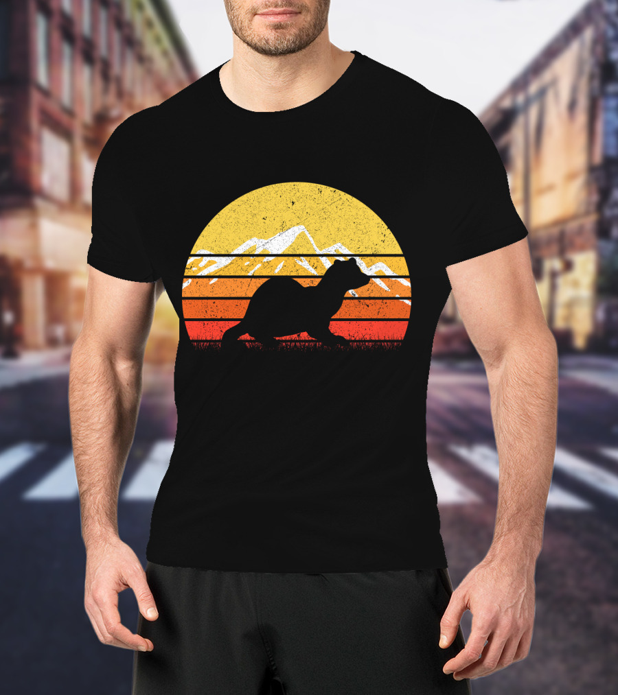 Retro Vintage Ferret Sunset Silhouette Mountain Stripes T-Shirt