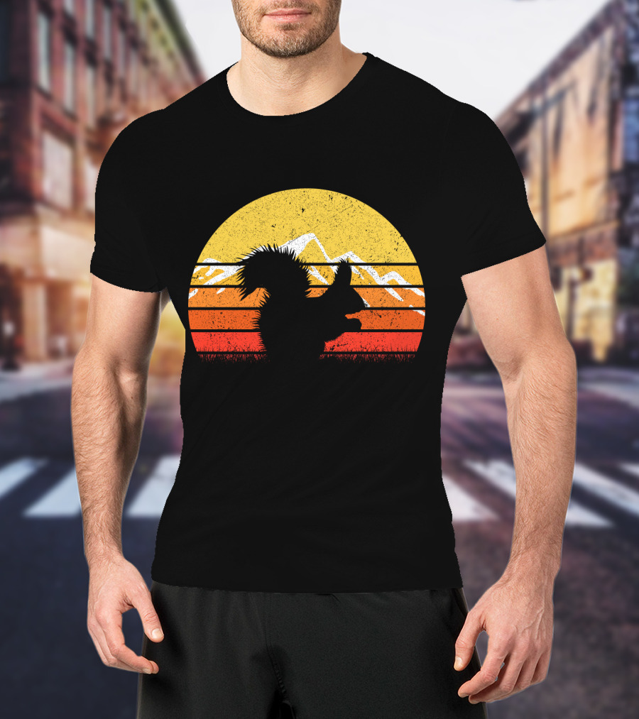 Retro Vintage Squirrel Sunset Silhouette With Mountains T-Shirt