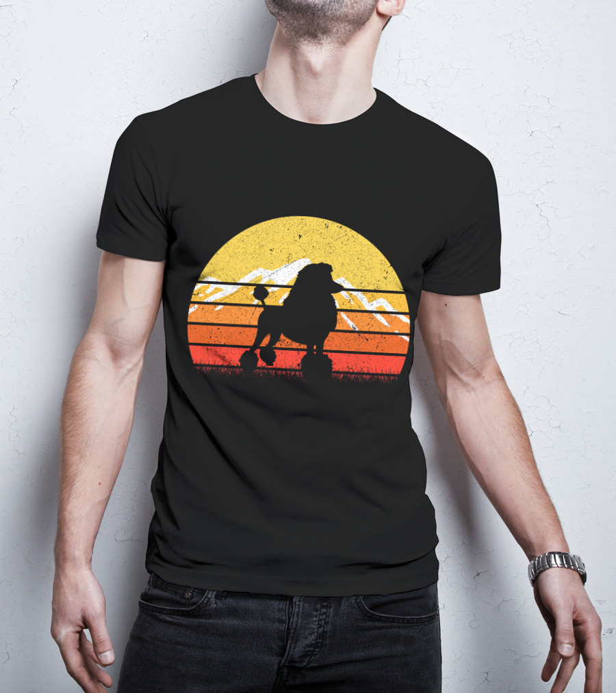 Retro Vintage Poodle Dog Sunset Silhouette With Mountains And Stripes T-Shirt