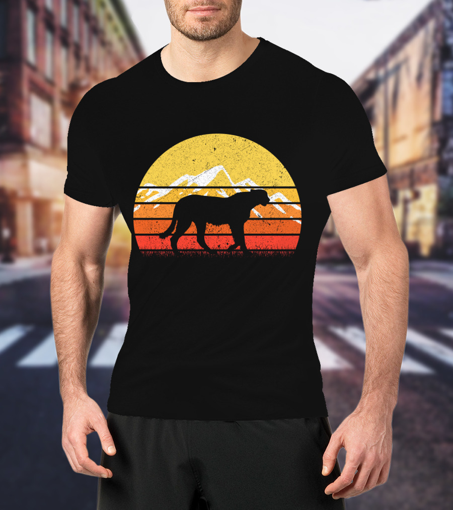 Retro Vintage Cheetah Silhouette In Sunset With Mountains T-Shirt