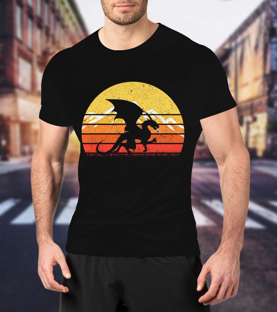 Retro Vintage Dragon With Silhouette And Sunset Mountains T-Shirt