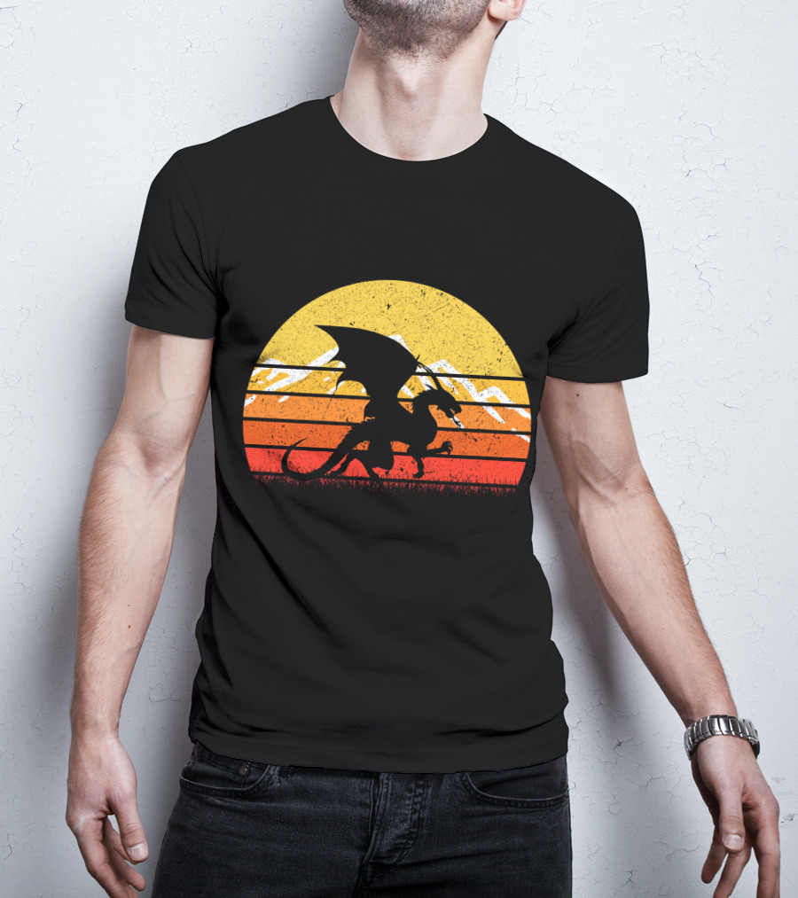 Retro Vintage Dragon With Silhouette And Sunset Mountains T-Shirt