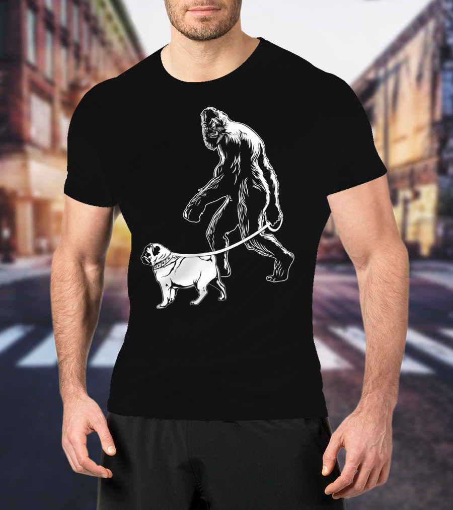 Bigfoot Walking A Pug Dog T-Shirt